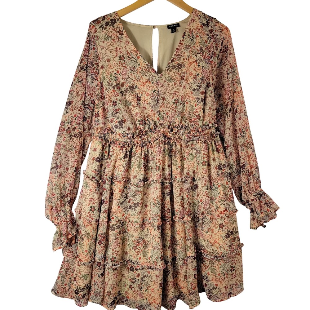 Torrid Floral Tiered Mini Dress Women 0 Long‎ Sleeve V-Neck Ruffle Cottagecore